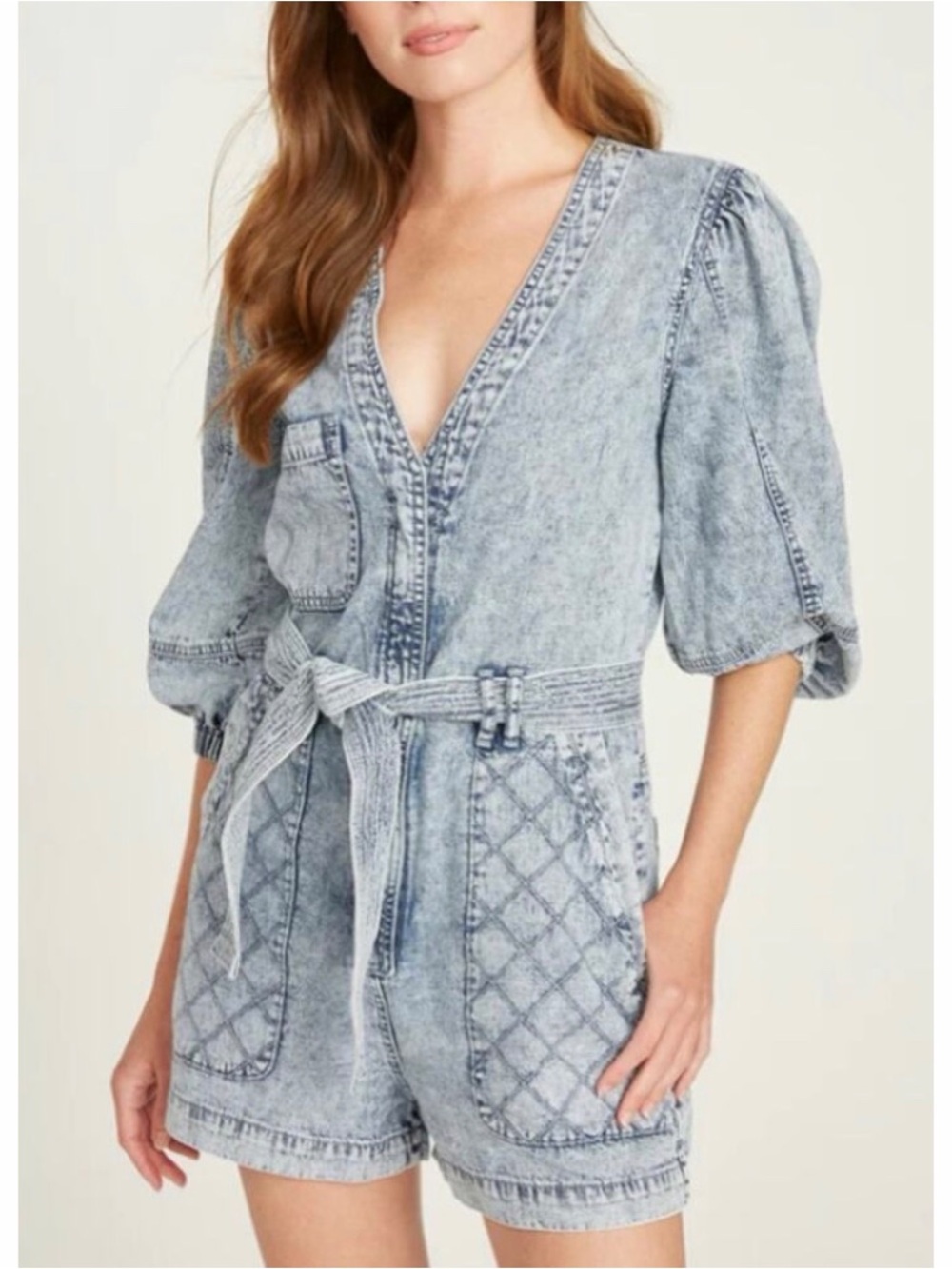 #1800 Driftwood Quilted Romper Belted Waist Denim Acid Wash XL